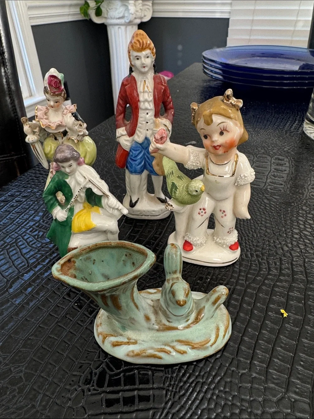 Source Unknown Porcelain Figurines in White, Red, Green, Blue, Tan